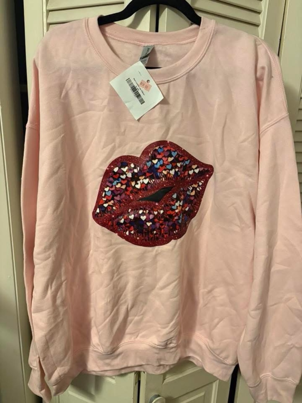 Gildan Pink Sweatshirt with Red Sequin Heart Lips